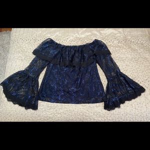 WHITE HOUSE BLACK MARKET Black with Blue Floral Lace Overlay Shoulder Shirt